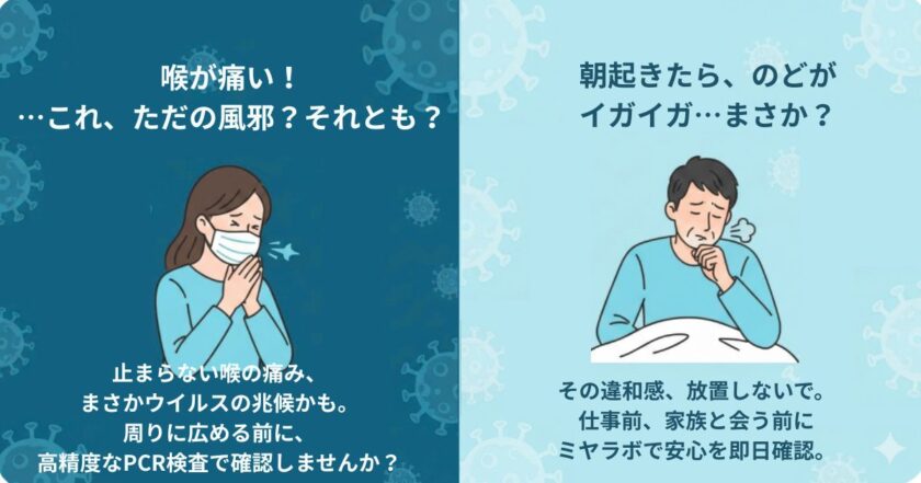 大阪・堺筋本町のPCR検査センター「ミヤラボ」｜朝の体調不良やのどの違和感に悩む男性とコロナウイルスのイメージ背景